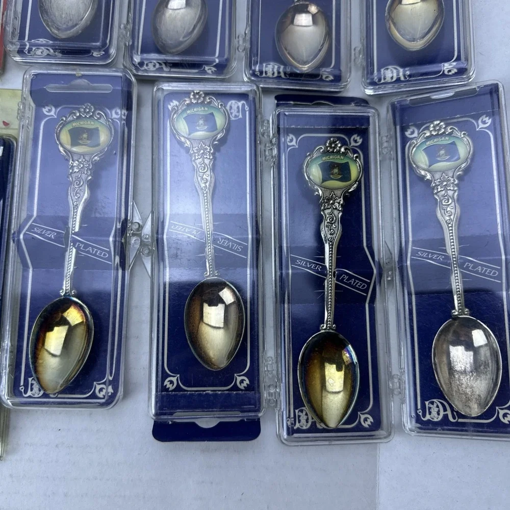 Lot of 37 Souvenir Spoons & Thimbles Michigan Silver Plated Collectors MicroView